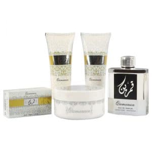 Qamarain Gift set with- Parfum 100ml, Body Lotion, Shower gel, Soap & Powder
