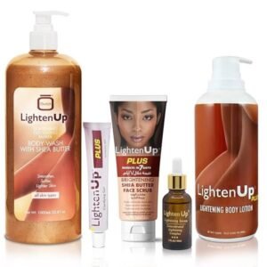 LightenUp Skin Brightening Kit  Body Lotion , Dark Spot Gel, Skin Brightening Serum, Exfoliating Body Wash, Brightening Face Scrub.